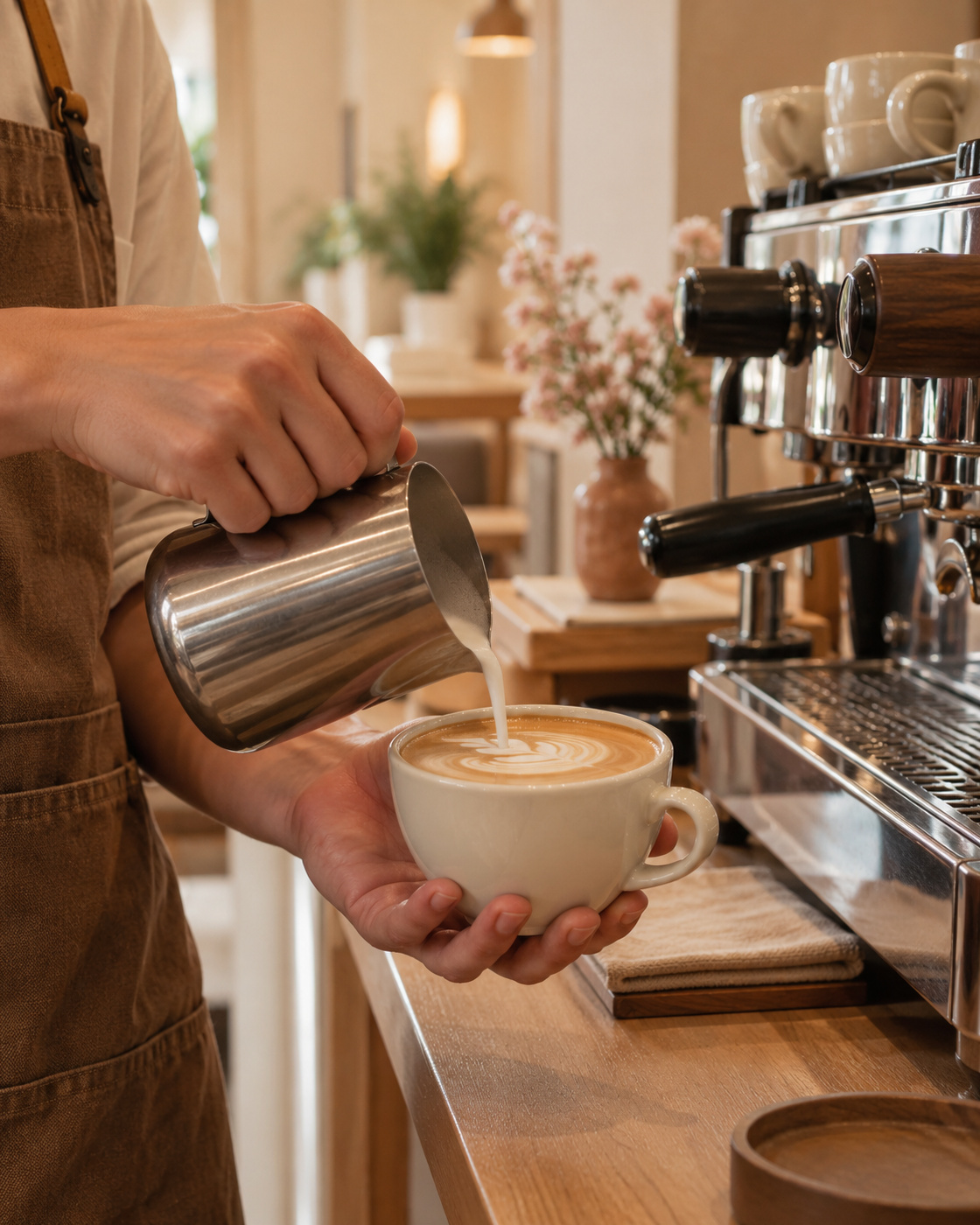 Barista pouring steamed milk into a latte at the espresso station