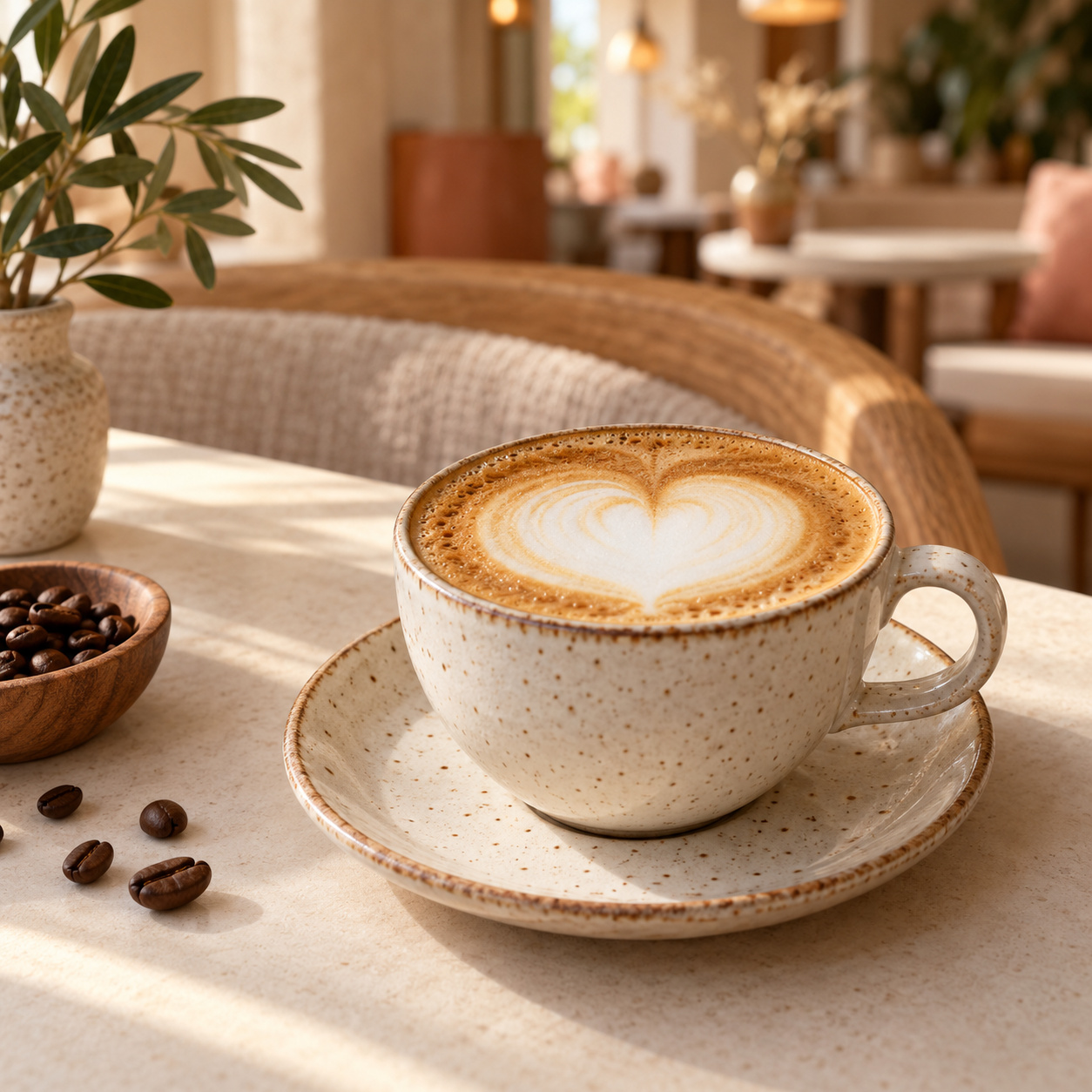 Classic cappuccino with heart-shaped latte art in an ivory ceramic cup