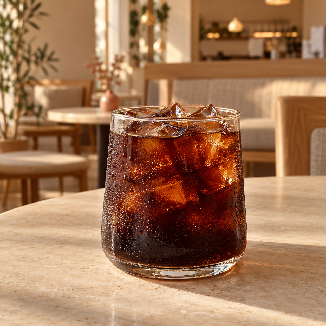 Iced cold brew in a clear glass on a pale stone cafe table