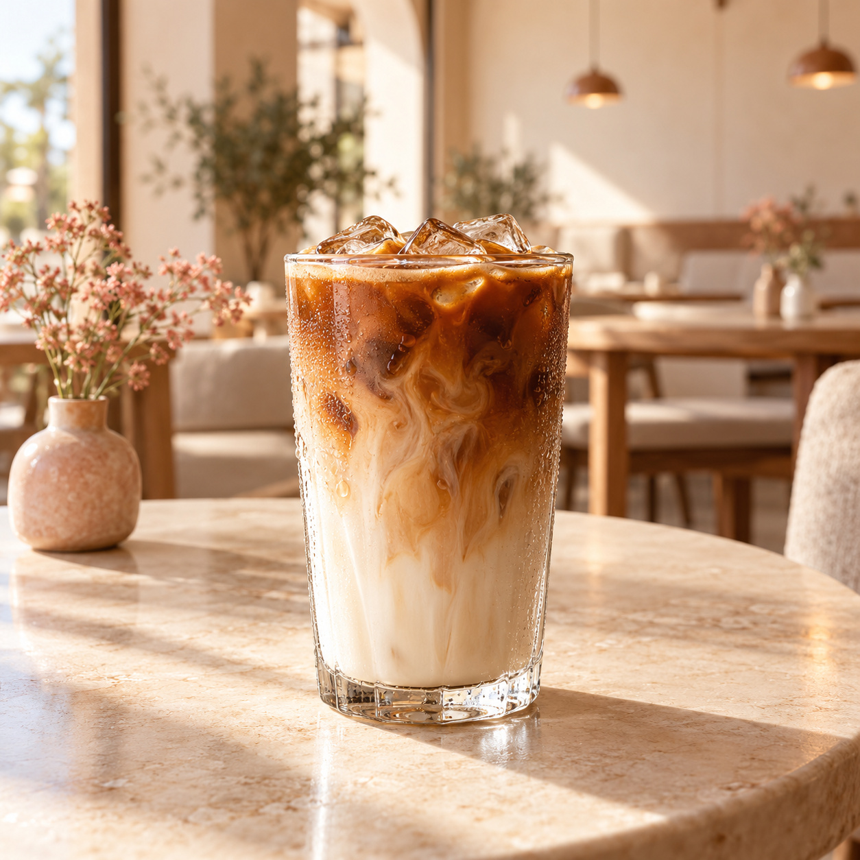 Layered iced Spanish-style latte in a clear glass