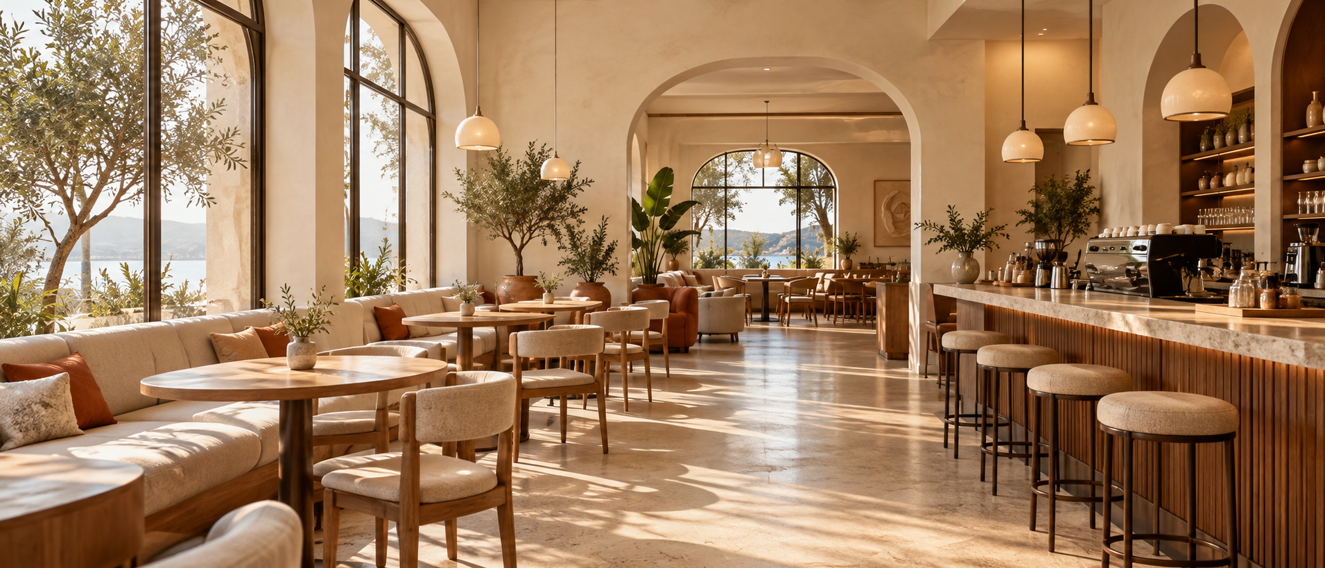 Sunlit Cafe Flamingo interior with oak tables, upholstered seating and an espresso bar