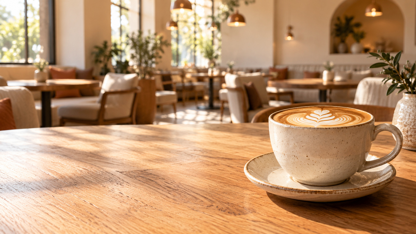 Cappuccino with latte art on an oak table in the sunlit Cafe Flamingo interior