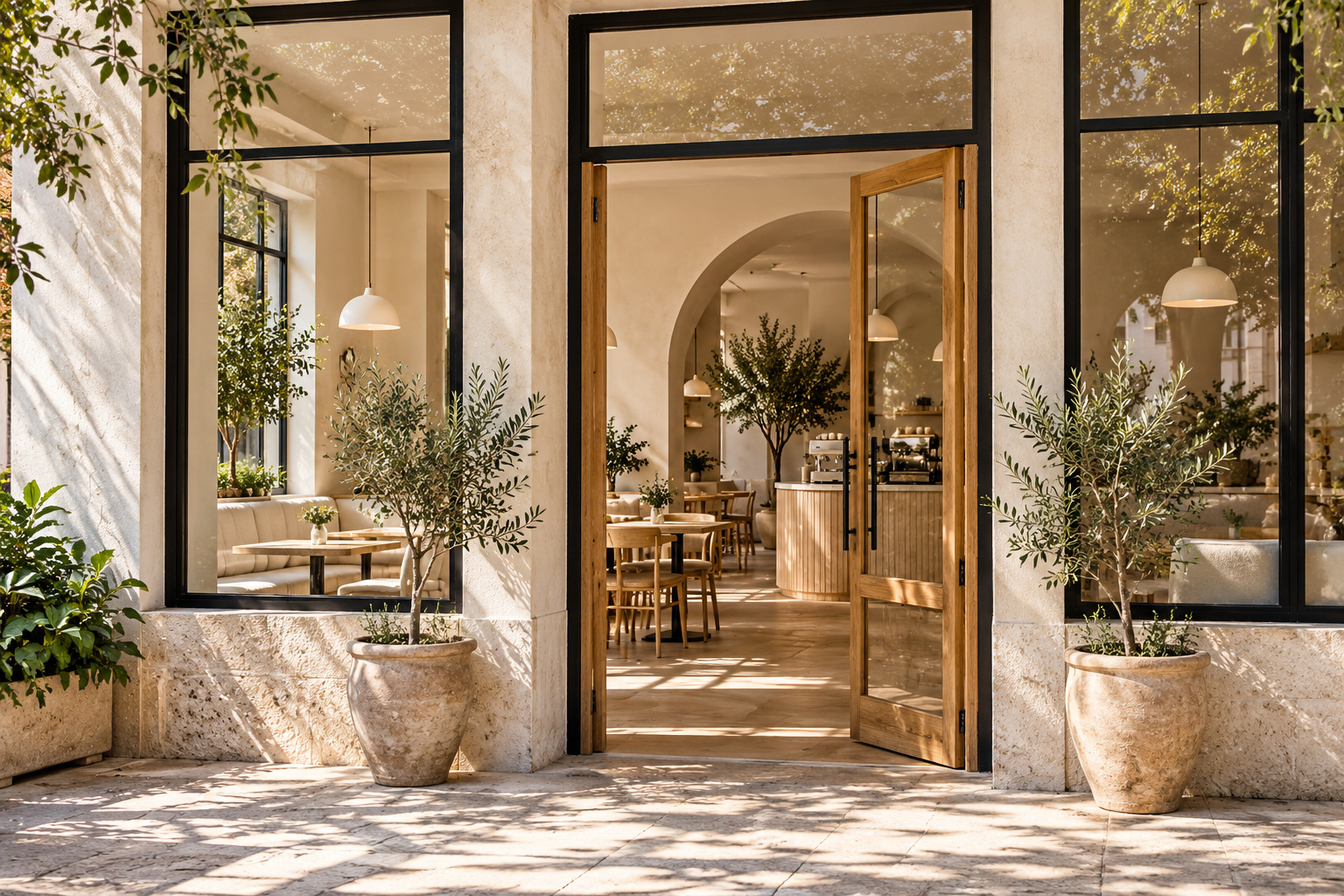 Timber-framed Cafe Flamingo entrance with glass doors and a view into the warm café interior