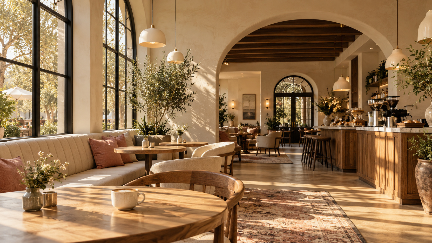 Sunlit Cafe Flamingo interior with arched windows, oak tables, cream seating and a coffee bar