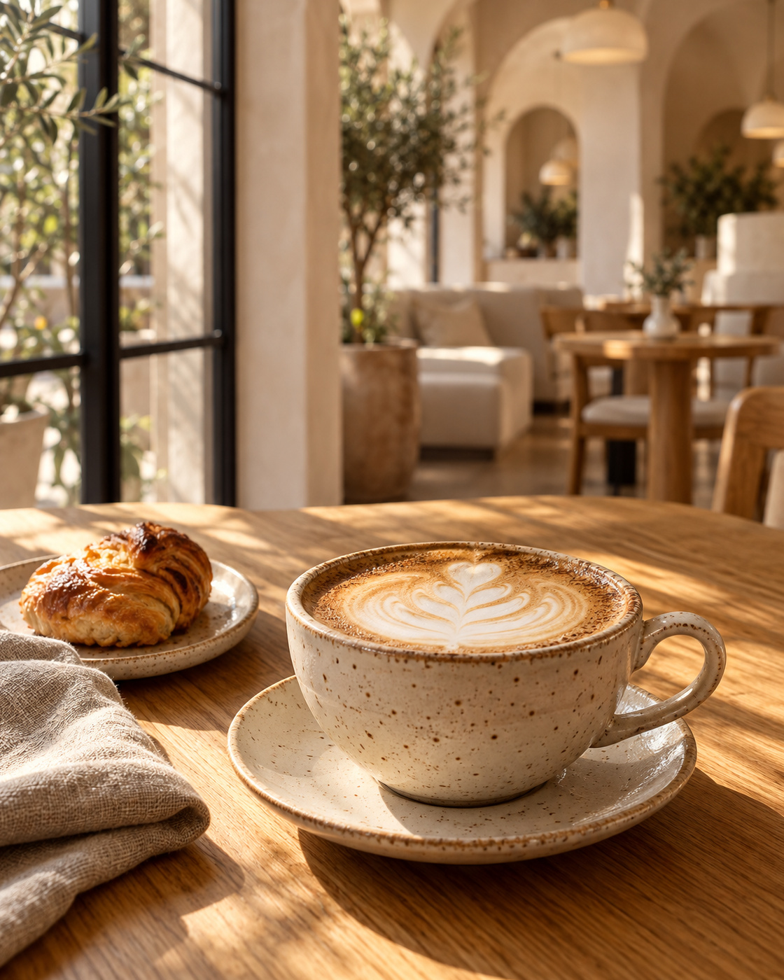 Cappuccino with latte art and a small pastry on a sunlit oak table