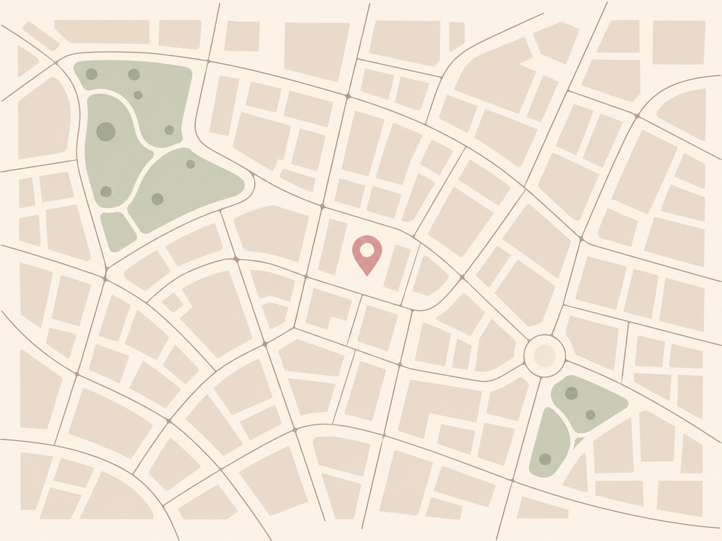 Fictional illustrated street map with a central pink location marker and abstract green parks