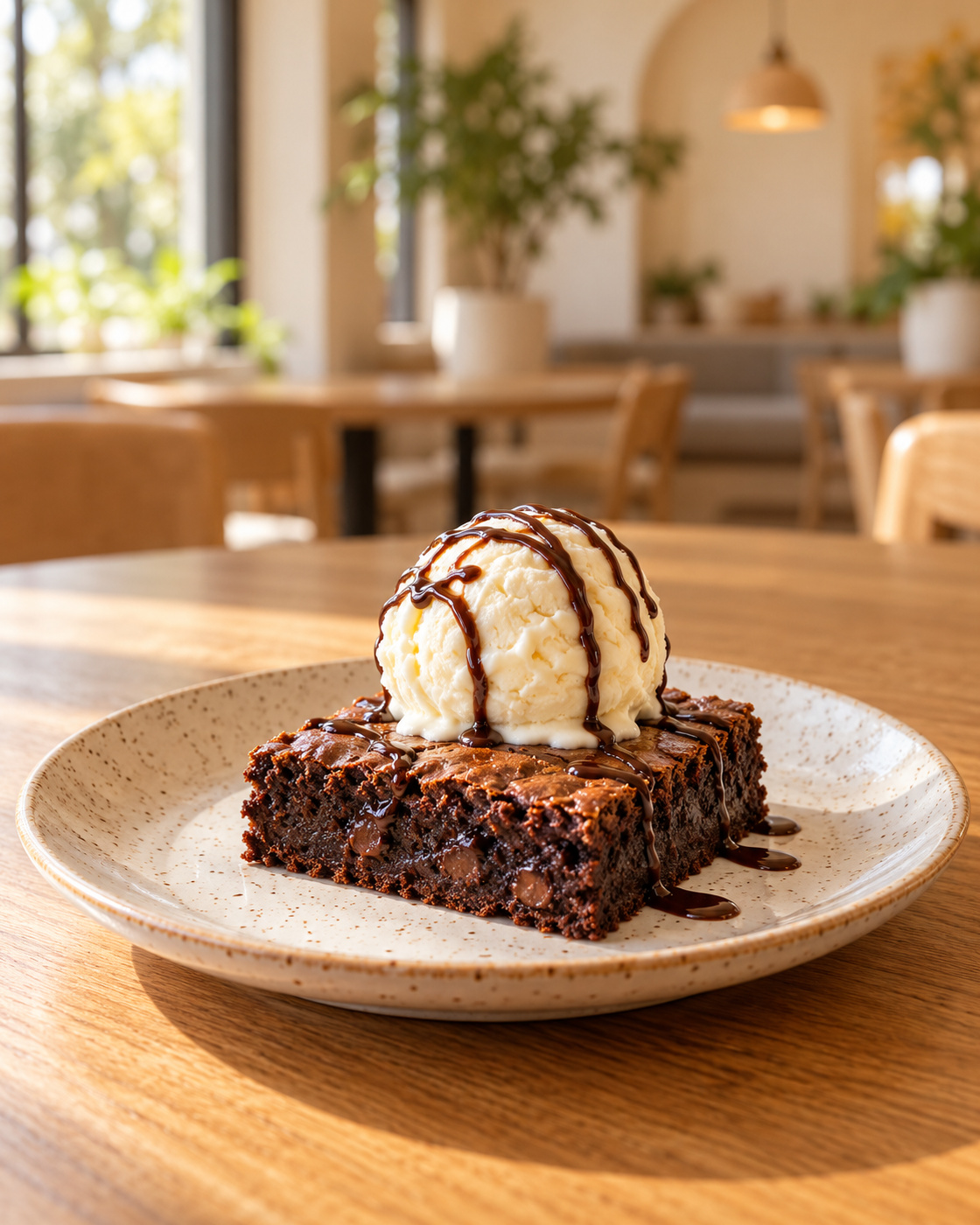 Warm chocolate brownie topped with vanilla ice cream and chocolate drizzle
