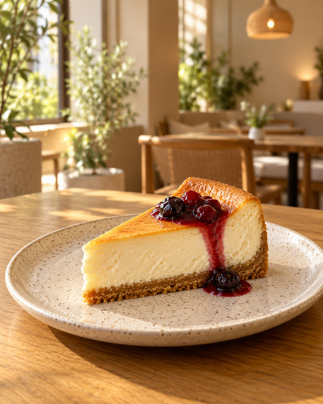 Slice of classic baked cheesecake with berry compote on a ceramic plate