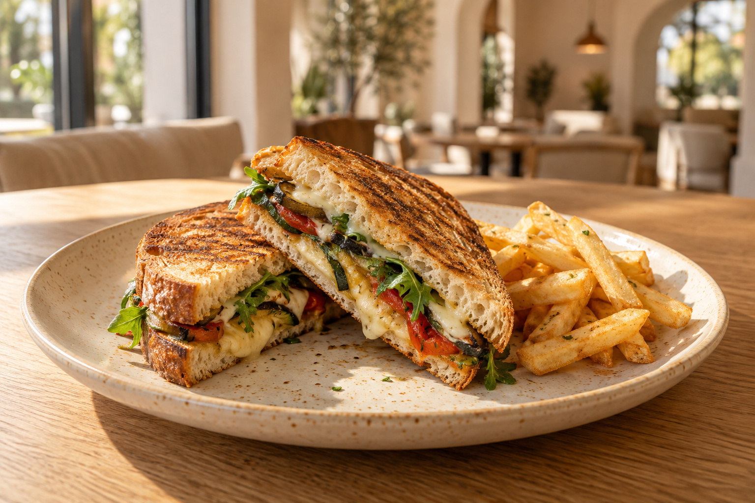 Grilled vegetarian sandwich with melted cheese and vegetables, served with French fries
