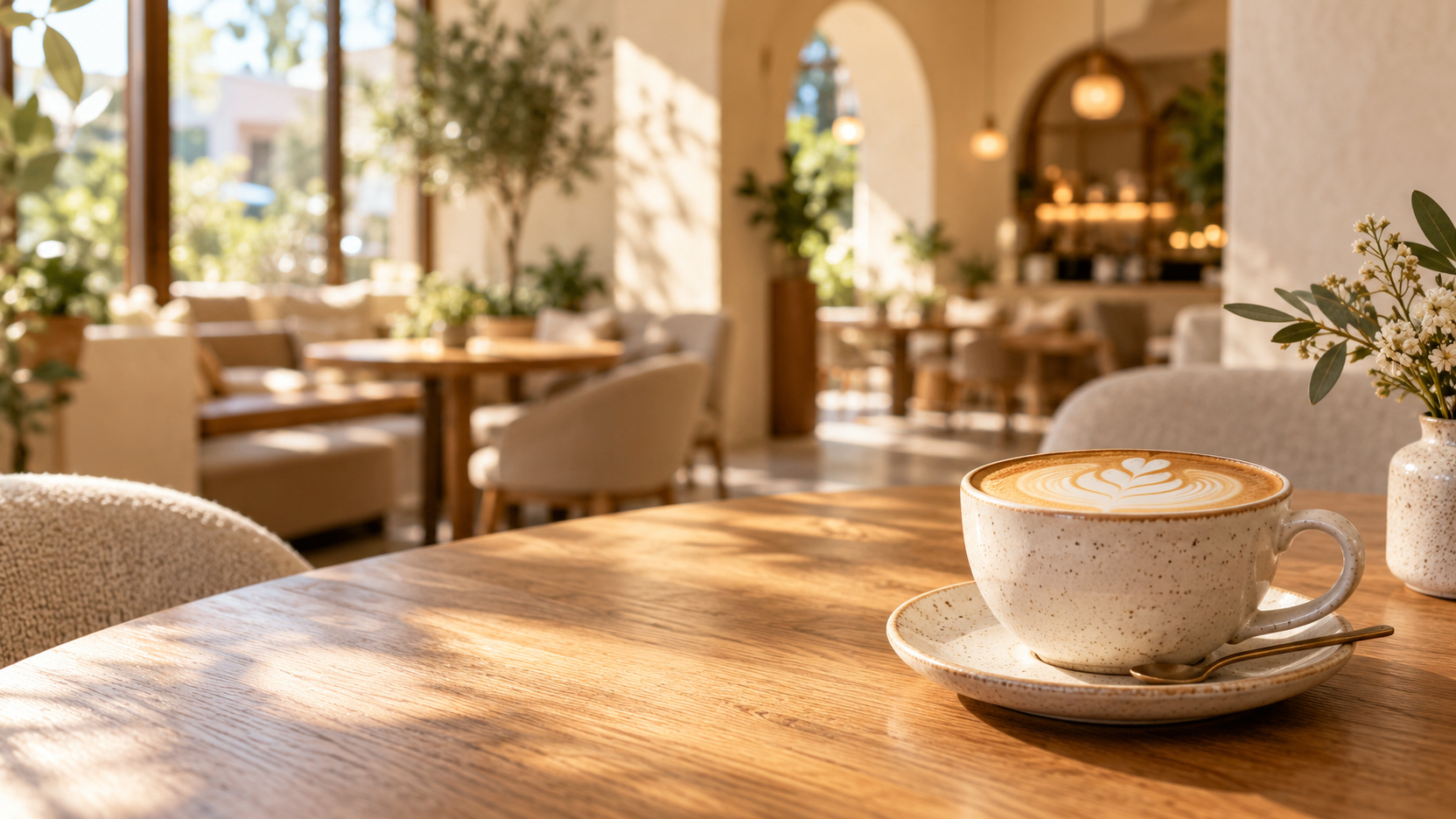 Cappuccino with delicate latte art in an ivory cup on an oak table inside Cafe Flamingo