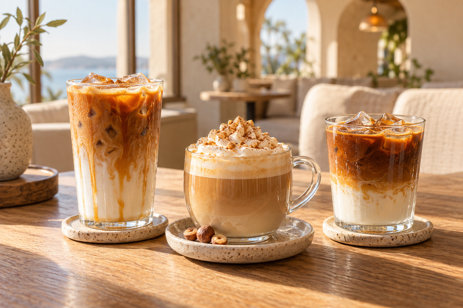 Three signature coffees: a caramel iced latte, creamy hazelnut coffee and layered Spanish latte