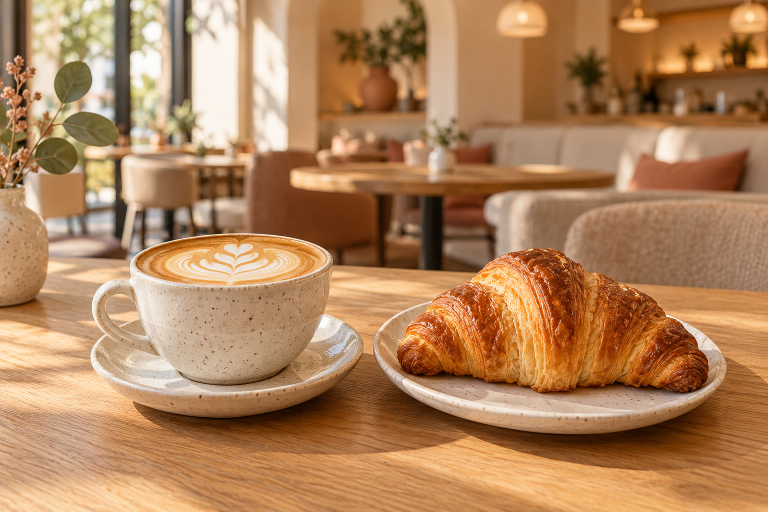 Cappuccino and a golden butter croissant on a cafe table