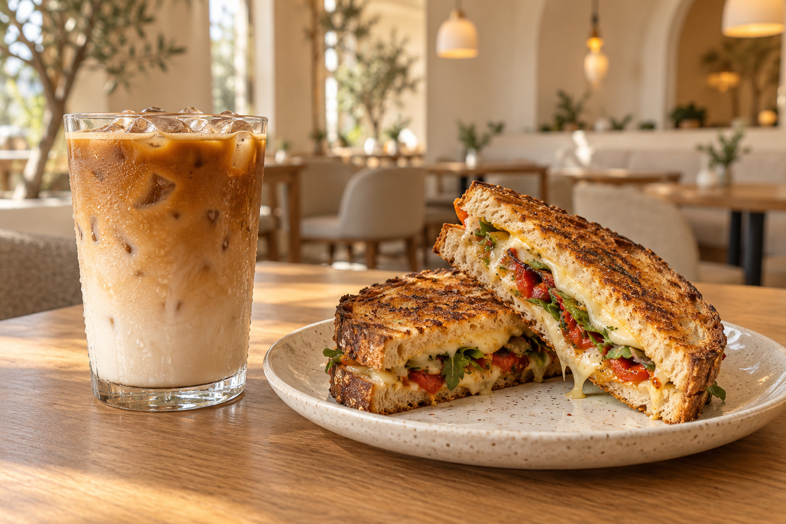 Iced latte beside a grilled cheese and vegetable sandwich