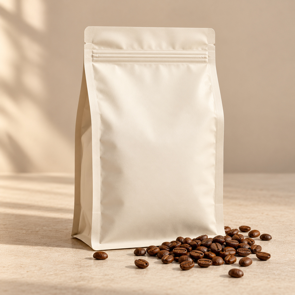 Unbranded ivory bag of roasted coffee beans with beans scattered nearby