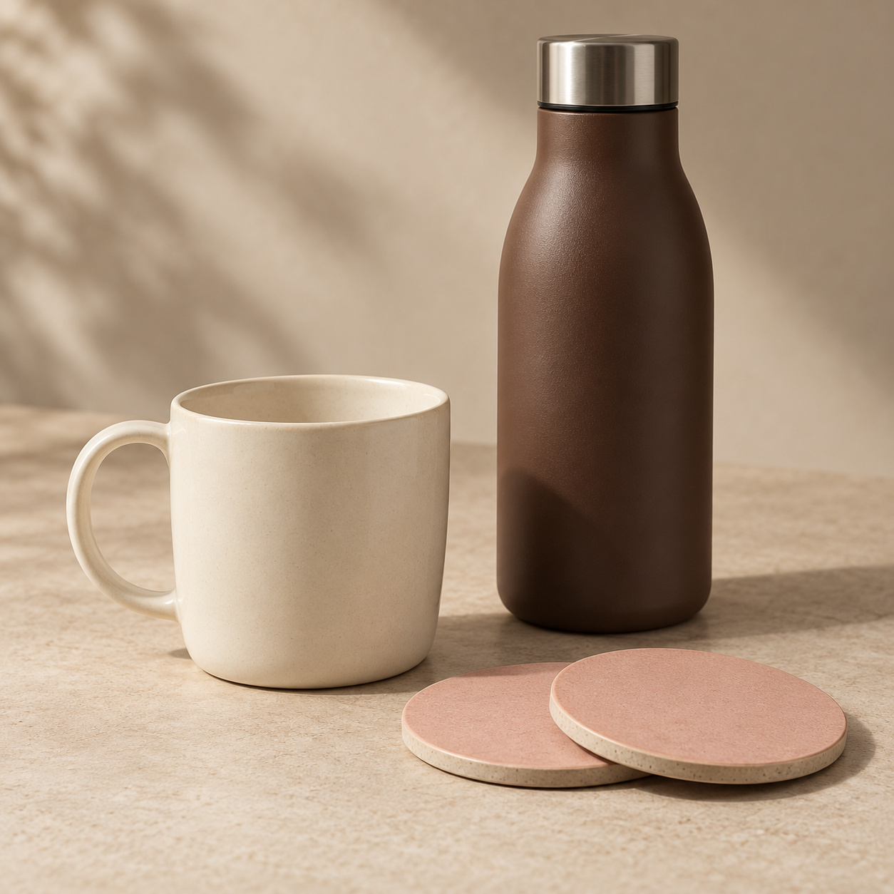 Ivory mug, brown insulated bottle and two blush coasters