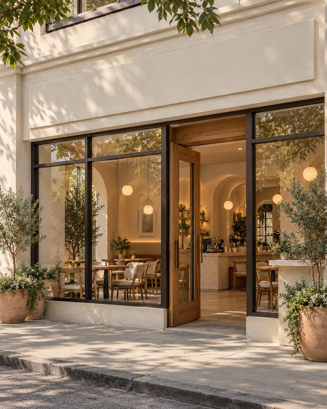 Cafe exterior with a wood-framed entrance, large windows and potted plants